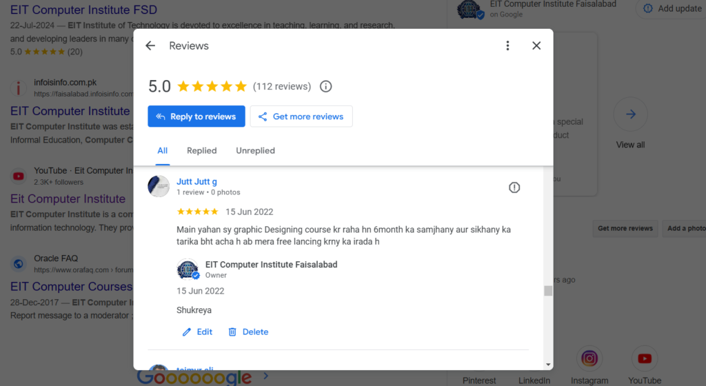 Google review screenshot for EIT Computer Institute Faisalabad